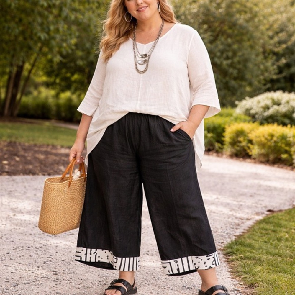 JOY BURTON MY TRIBE 100% Linen Pants Womens 3X Black Crop Wide‎ Pull on Elastic